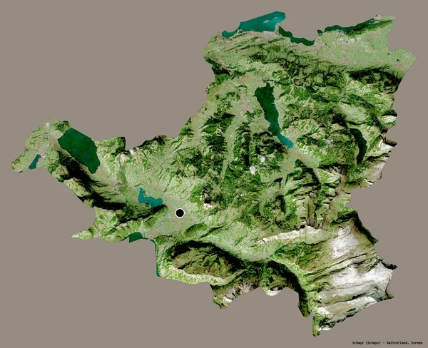 瑞士施维茨州的形状 其首府在一个坚实的色彩背景上被隔离 卫星图像 3D渲染 — 图库照片
