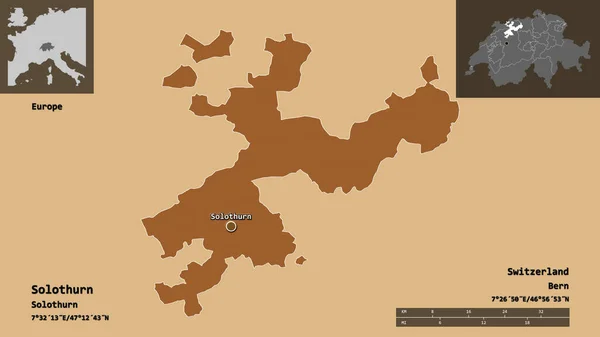 Form Solothurn Kantonen Schweiz Och Dess Huvudstad Avståndsskala Förhandsvisningar Och — Stockfoto
