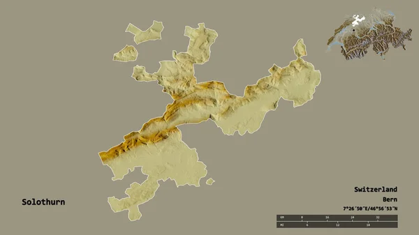 スイスの州 ソロスターンの形で その首都はしっかりとした背景に隔離されています 距離スケール リージョンプレビュー およびラベル 地形図 3Dレンダリング — ストック写真