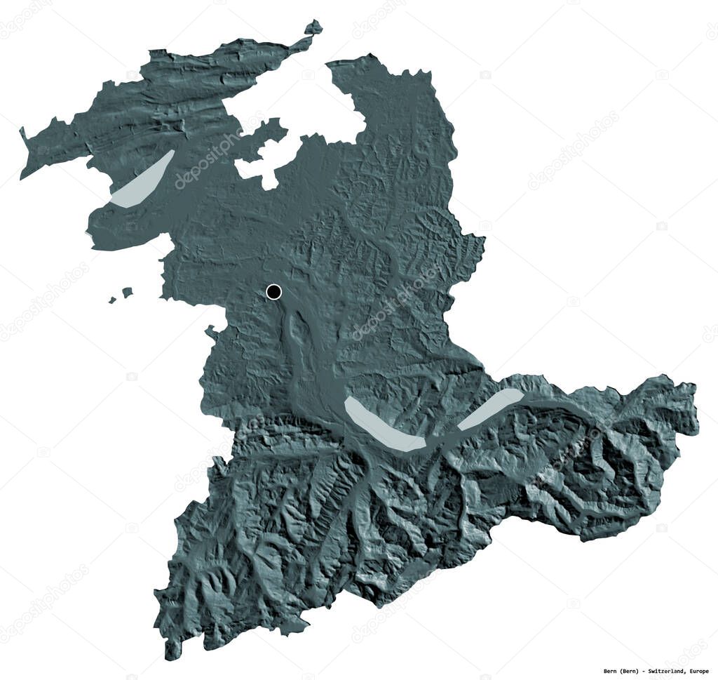 Shape of Bern, canton of Switzerland, with its capital isolated on white background. Colored elevation map. 3D rendering