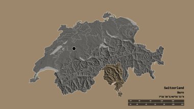 Başkenti, ana bölgesel bölümü ve bölünmüş Ticino bölgesi ile İsviçre 'nin dejenere edilmiş şekli. Etiketler. Renkli yükseklik haritası. 3B görüntüleme