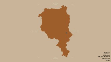 Ticino bölgesi, İsviçre kantonu, katı bir arka planda izole edilmiş bir sınır kutusu. Etiketler. Desenli dokuların bileşimi. 3B görüntüleme