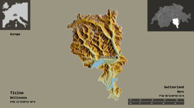 Ticino 'nun şekli, İsviçre kantonu ve başkenti. Uzaklık ölçeği, ön gösterimler ve etiketler. Topografik yardım haritası. 3B görüntüleme