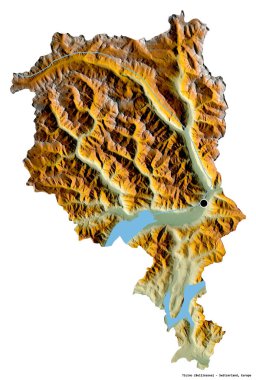 Ticino 'nun şekli, İsviçre kantonu, başkenti beyaz arka planda izole edilmiş. Topografik yardım haritası. 3B görüntüleme