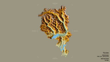 Ticino bölgesi, İsviçre kantonu, katı bir arka planda izole edilmiş bir sınır kutusu. Etiketler. Topografik yardım haritası. 3B görüntüleme