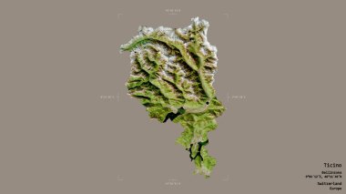 Ticino bölgesi, İsviçre kantonu, katı bir arka planda izole edilmiş bir sınır kutusu. Etiketler. Uydu görüntüleri. 3B görüntüleme