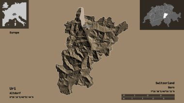 Yuri 'nin şekli, İsviçre kantonu ve başkenti. Uzaklık ölçeği, ön gösterimler ve etiketler. Renkli yükseklik haritası. 3B görüntüleme
