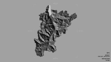 Uri bölgesi, İsviçre kantonu, jeoreferatlı bir sınır kutusunda sağlam bir arka planda izole. Etiketler. Çift seviyeli yükseklik haritası. 3B görüntüleme