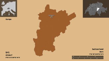 Yuri 'nin şekli, İsviçre kantonu ve başkenti. Uzaklık ölçeği, ön gösterimler ve etiketler. Desenli dokuların bileşimi. 3B görüntüleme