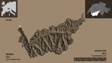 Valais 'in şekli, İsviçre kantonu ve başkenti. Uzaklık ölçeği, ön gösterimler ve etiketler. Renkli yükseklik haritası. 3B görüntüleme