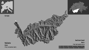 Valais 'in şekli, İsviçre kantonu ve başkenti. Uzaklık ölçeği, ön gösterimler ve etiketler. Çift seviyeli yükseklik haritası. 3B görüntüleme