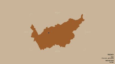 Valais bölgesi, İsviçre kantonu, katı bir arka planda izole edilmiş bir sınır kutusu. Etiketler. Desenli dokuların bileşimi. 3B görüntüleme