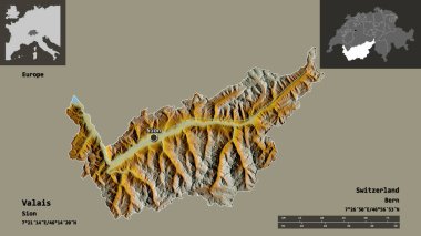 Valais 'in şekli, İsviçre kantonu ve başkenti. Uzaklık ölçeği, ön gösterimler ve etiketler. Topografik yardım haritası. 3B görüntüleme