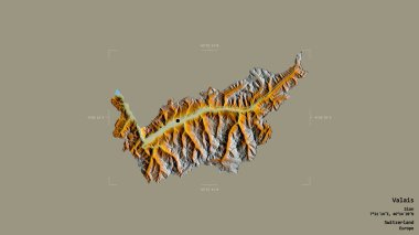 Valais bölgesi, İsviçre kantonu, katı bir arka planda izole edilmiş bir sınır kutusu. Etiketler. Topografik yardım haritası. 3B görüntüleme