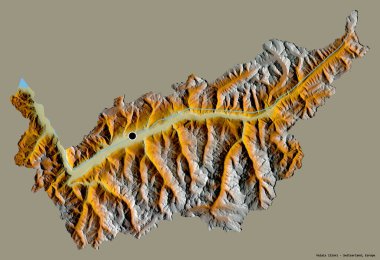 Valais 'in şekli, İsviçre kantonu, başkenti katı renk arka planında izole edilmiş. Topografik yardım haritası. 3B görüntüleme