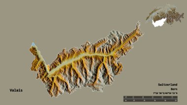 Valais 'in şekli, İsviçre kantonu, başkenti sağlam arka planda izole edilmiş. Uzaklık ölçeği, bölge önizlemesi ve etiketleri. Topografik yardım haritası. 3B görüntüleme
