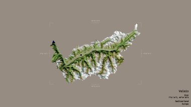 Valais bölgesi, İsviçre kantonu, katı bir arka planda izole edilmiş bir sınır kutusu. Etiketler. Uydu görüntüleri. 3B görüntüleme