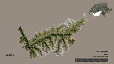 Valais 'in şekli, İsviçre kantonu, başkenti sağlam arka planda izole edilmiş. Uzaklık ölçeği, bölge önizlemesi ve etiketleri. Uydu görüntüleri. 3B görüntüleme