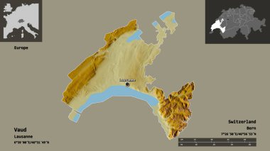 Vaud 'un şekli, İsviçre kantonu ve başkenti. Uzaklık ölçeği, ön gösterimler ve etiketler. Topografik yardım haritası. 3B görüntüleme
