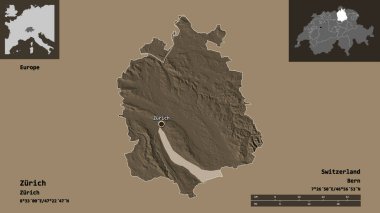 Zürih 'in şekli, İsviçre kantonu ve başkenti. Uzaklık ölçeği, ön gösterimler ve etiketler. Renkli yükseklik haritası. 3B görüntüleme