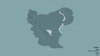 Halep bölgesi, Suriye eyaleti, jeoreferatlı bir sınır kutusunda sağlam bir arka planda izole edilmiş. Etiketler. Renkli yükseklik haritası. 3B görüntüleme