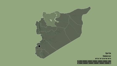 Başkenti, ana bölgesel bölünmesi ve ayrılan Halep bölgesiyle birlikte Suriye 'nin dejenere edilmiş şekli. Etiketler. Renkli yükseklik haritası. 3B görüntüleme