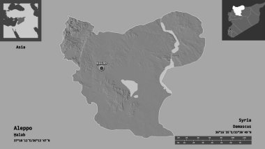 Halep 'in şekli, Suriye vilayeti ve başkenti. Uzaklık ölçeği, ön gösterimler ve etiketler. Çift seviyeli yükseklik haritası. 3B görüntüleme