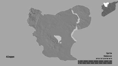 Halep, Suriye 'nin başkenti, sağlam arka planda izole edilmiş haldedir. Uzaklık ölçeği, bölge önizlemesi ve etiketleri. Çift seviyeli yükseklik haritası. 3B görüntüleme