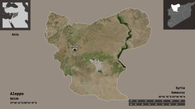 Halep 'in şekli, Suriye vilayeti ve başkenti. Uzaklık ölçeği, ön gösterimler ve etiketler. Uydu görüntüleri. 3B görüntüleme