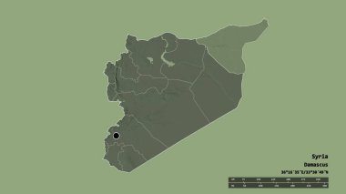 Başkenti, ana bölgesel bölümü ve ayrılmış El Hasakah bölgesi ile Suriye 'nin dejenere edilmiş şekli. Etiketler. Renkli yükseklik haritası. 3B görüntüleme