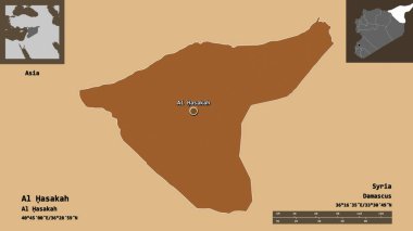 Suriye vilayeti ve başkenti Al Hasakah 'ın şekli. Uzaklık ölçeği, ön gösterimler ve etiketler. Desenli dokuların bileşimi. 3B görüntüleme