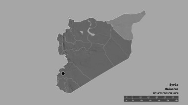 Başkenti, ana bölgesel bölümü ve ayrılmış El Hasakah bölgesi ile Suriye 'nin dejenere edilmiş şekli. Etiketler. Çift seviyeli yükseklik haritası. 3B görüntüleme