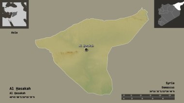 Suriye vilayeti ve başkenti Al Hasakah 'ın şekli. Uzaklık ölçeği, ön gösterimler ve etiketler. Topografik yardım haritası. 3B görüntüleme