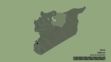 Başkenti, ana bölgesel bölünmesi ve ayrılmış Ar Rakka bölgesi ile Suriye 'nin dejenere edilmiş şekli. Etiketler. Renkli yükseklik haritası. 3B görüntüleme