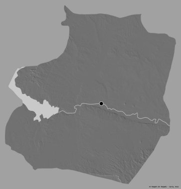 Suriye eyaleti Ar Rakka 'nın şekli, başkenti katı bir renk arkaplanı ile izole edilmiş. Çift seviyeli yükseklik haritası. 3B görüntüleme