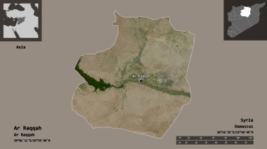 Ar Rakka 'nın şekli, Suriye ili ve başkenti. Uzaklık ölçeği, ön gösterimler ve etiketler. Uydu görüntüleri. 3B görüntüleme