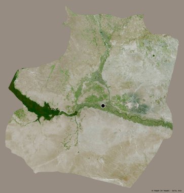 Suriye eyaleti Ar Rakka 'nın şekli, başkenti katı bir renk arkaplanı ile izole edilmiş. Uydu görüntüleri. 3B görüntüleme