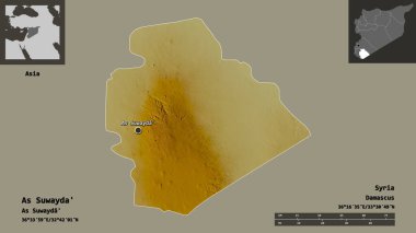 Suriye ili ve başkenti As Suwayda 'nın şeklidir. Uzaklık ölçeği, ön gösterimler ve etiketler. Topografik yardım haritası. 3B görüntüleme