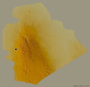 Suriye 'nin başkenti As Suwayda' nın katı renk arkaplanı ile izole edilmiş şeklidir. Topografik yardım haritası. 3B görüntüleme