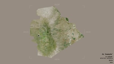 As Suwayda bölgesi, Suriye eyaleti, jeoreferatlı bir sınır kutusunda sağlam bir arka planda izole edilmiş. Etiketler. Uydu görüntüleri. 3B görüntüleme
