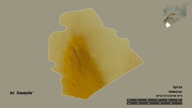 Suriye eyaleti As Suwayda 'nın şekli, başkenti sağlam arka planda izole edilmiştir. Uzaklık ölçeği, bölge önizlemesi ve etiketleri. Topografik yardım haritası. 3B görüntüleme