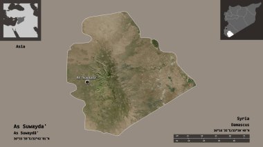 Suriye ili ve başkenti As Suwayda 'nın şeklidir. Uzaklık ölçeği, ön gösterimler ve etiketler. Uydu görüntüleri. 3B görüntüleme