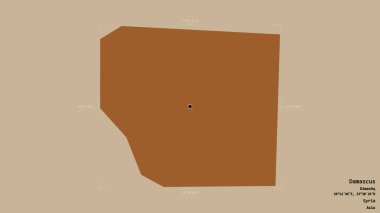 Suriye 'nin Şam bölgesi, katı bir arka planda izole edilmiş bir sınır kutusunda. Etiketler. Desenli dokuların bileşimi. 3B görüntüleme