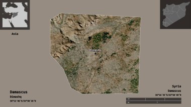 Şam 'ın şekli, Suriye vilayeti ve başkenti. Uzaklık ölçeği, ön gösterimler ve etiketler. Uydu görüntüleri. 3B görüntüleme