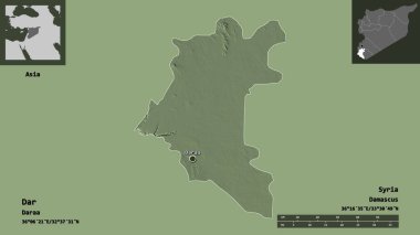 Suriye ili ve başkenti Dar 'ın şekli. Uzaklık ölçeği, ön gösterimler ve etiketler. Renkli yükseklik haritası. 3B görüntüleme