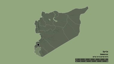 Başkenti, ana bölgesel bölünmesi ve ayrılmış Dar bölgesiyle birlikte Suriye 'nin dejenere edilmiş şekli. Etiketler. Renkli yükseklik haritası. 3B görüntüleme