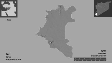 Suriye ili ve başkenti Dar 'ın şekli. Uzaklık ölçeği, ön gösterimler ve etiketler. Çift seviyeli yükseklik haritası. 3B görüntüleme