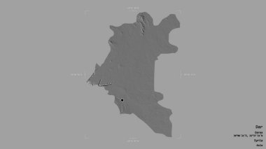 Dar bölgesi, Suriye eyaleti, katı bir arka planda izole edilmiş bir sınır kutusunda. Etiketler. Çift seviyeli yükseklik haritası. 3B görüntüleme