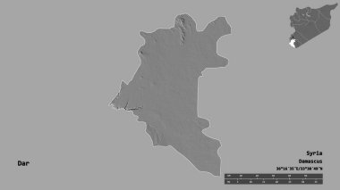 Suriye eyaleti Dar 'ın şekli, başkenti sağlam bir zemin üzerinde izole edilmiş. Uzaklık ölçeği, bölge önizlemesi ve etiketleri. Çift seviyeli yükseklik haritası. 3B görüntüleme
