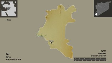 Suriye ili ve başkenti Dar 'ın şekli. Uzaklık ölçeği, ön gösterimler ve etiketler. Topografik yardım haritası. 3B görüntüleme